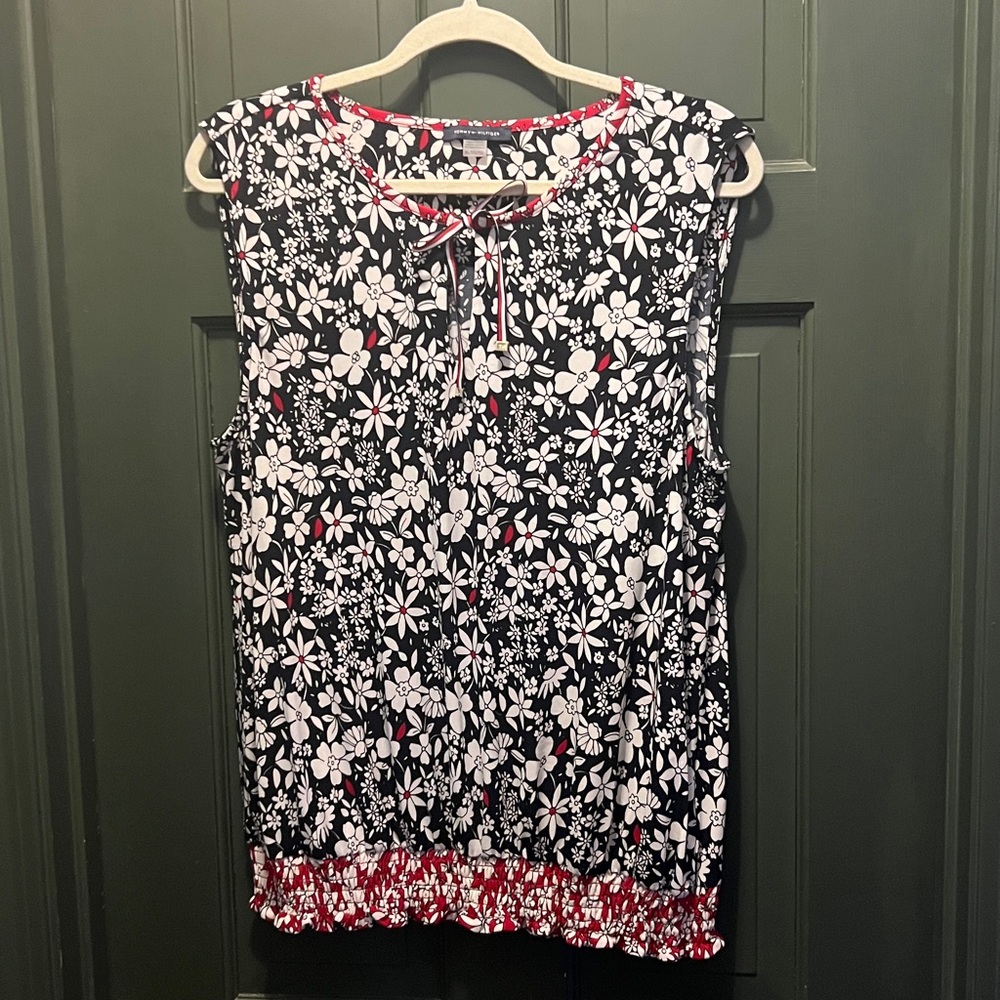 Tommy Hilfiger Black and White Floral Top with Red Highlights